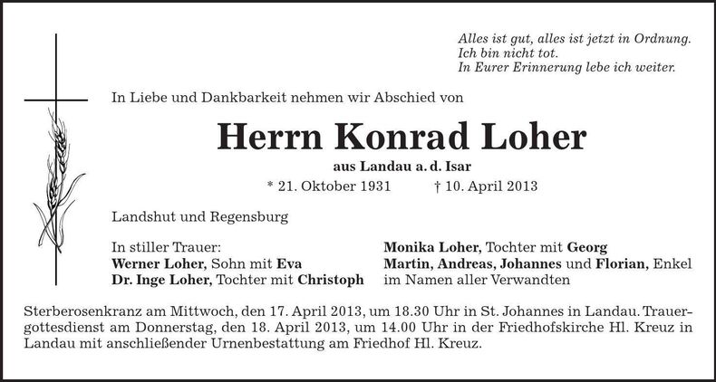 Traueranzeige Konrad Loher