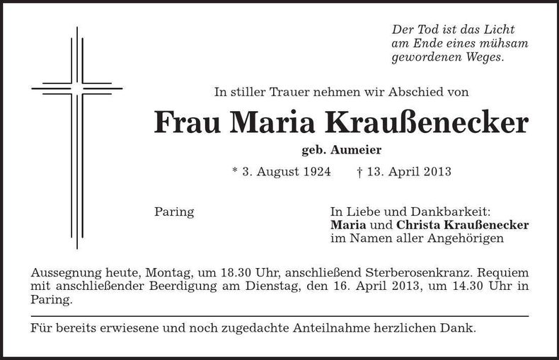 Traueranzeige Maria Kraußenecker