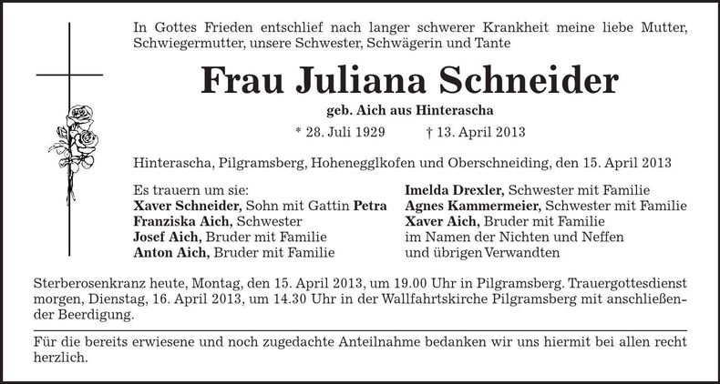 Traueranzeige Juliana Schneider