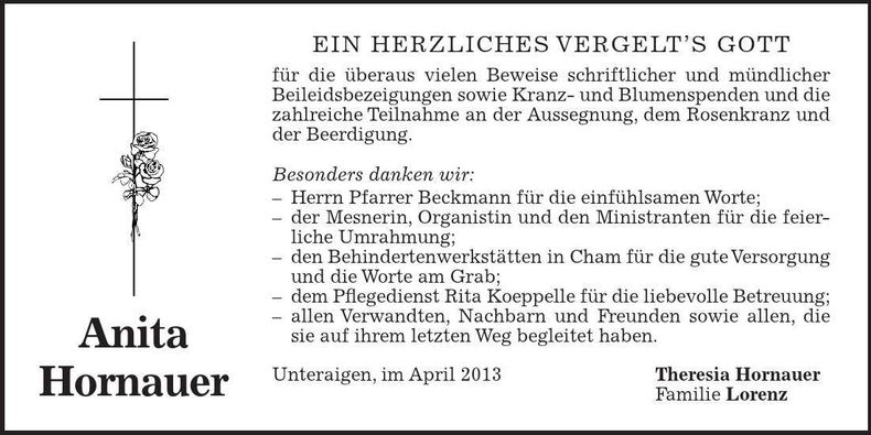 Traueranzeige Anita Hornauer