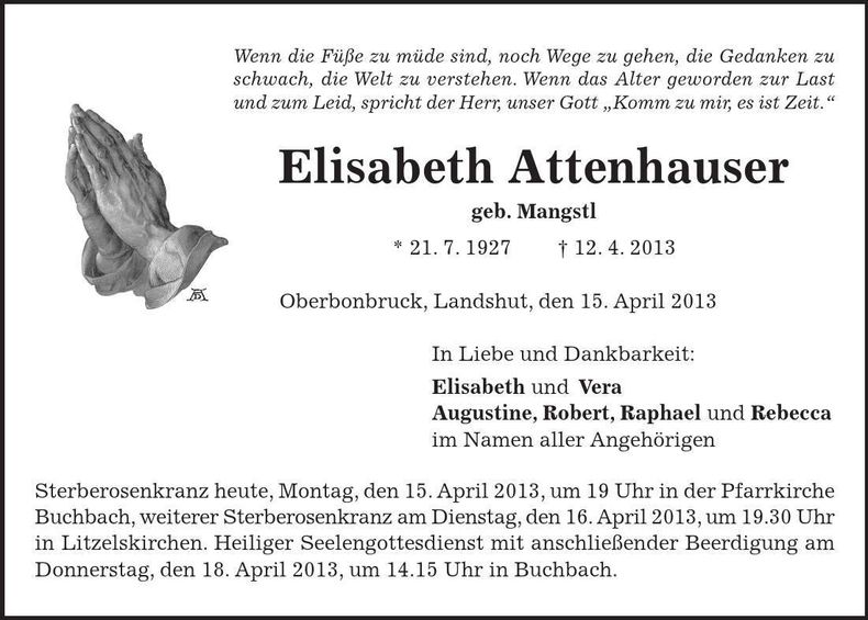 Traueranzeige Elisabeth Attenhauser
