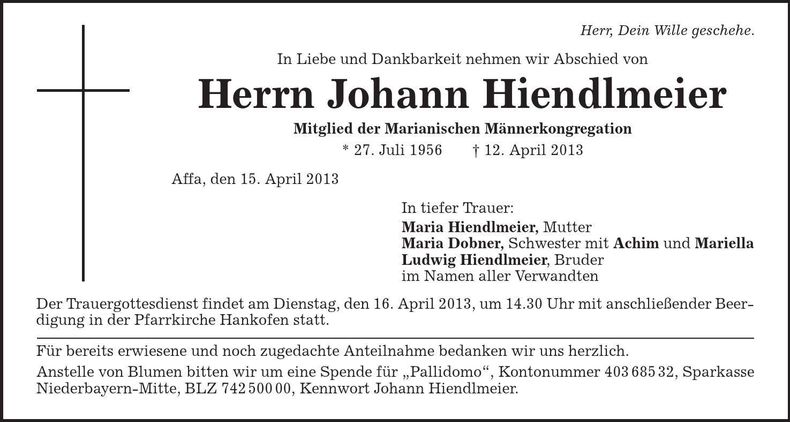 Traueranzeige Johann Hiendlmeier