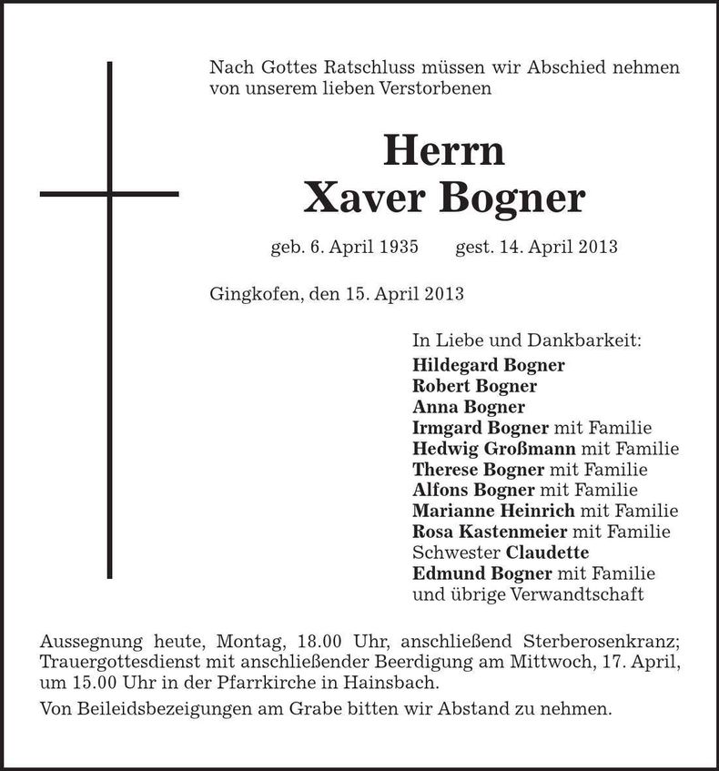 Traueranzeige Xaver Bogner