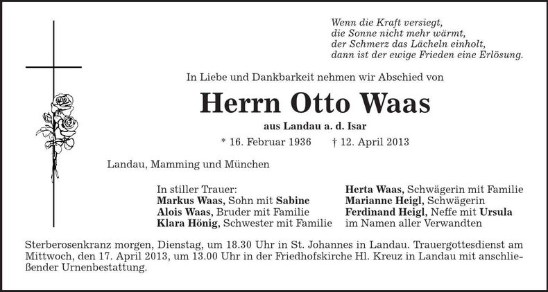 Traueranzeige Otto Waas