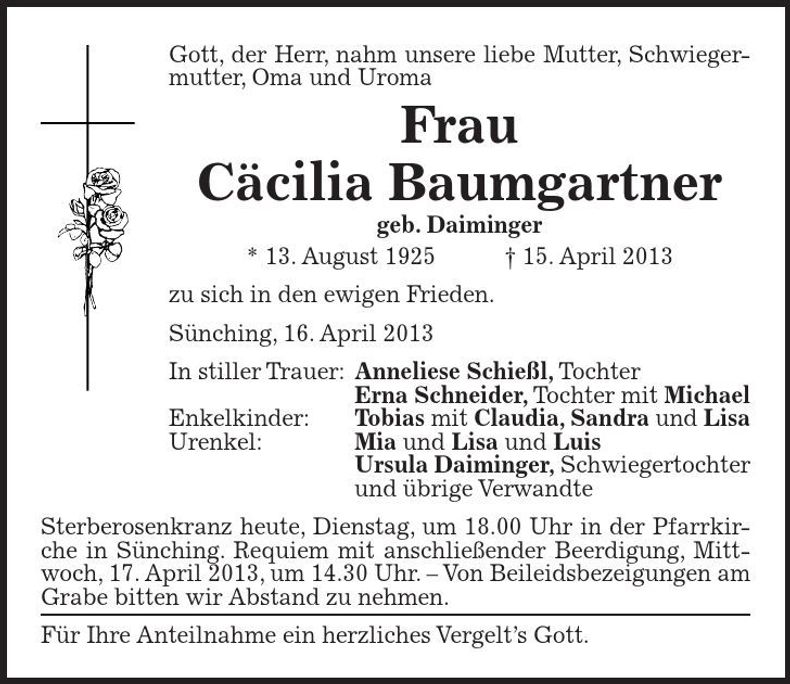 Traueranzeige Cäcilia Baumgartner