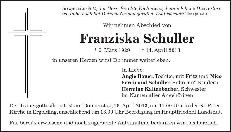 Traueranzeige Franziska Schuller