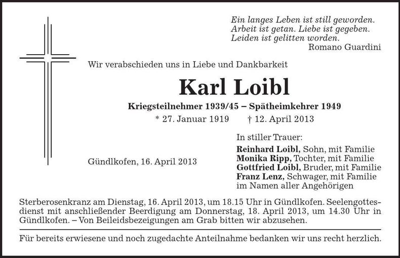 Traueranzeige Karl Loibl
