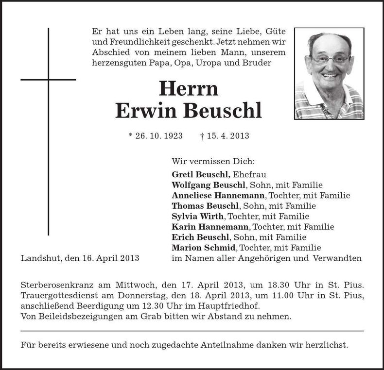 Traueranzeige Erwin Beuschl