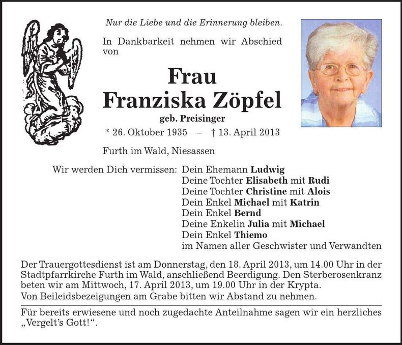 Traueranzeige Franziska Zöpfel