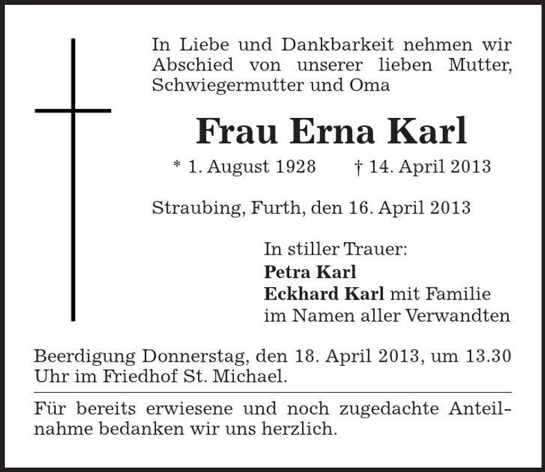 Traueranzeige Erna Karl