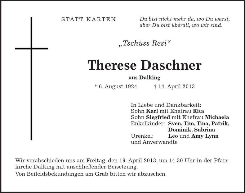 Traueranzeige Therese Daschner