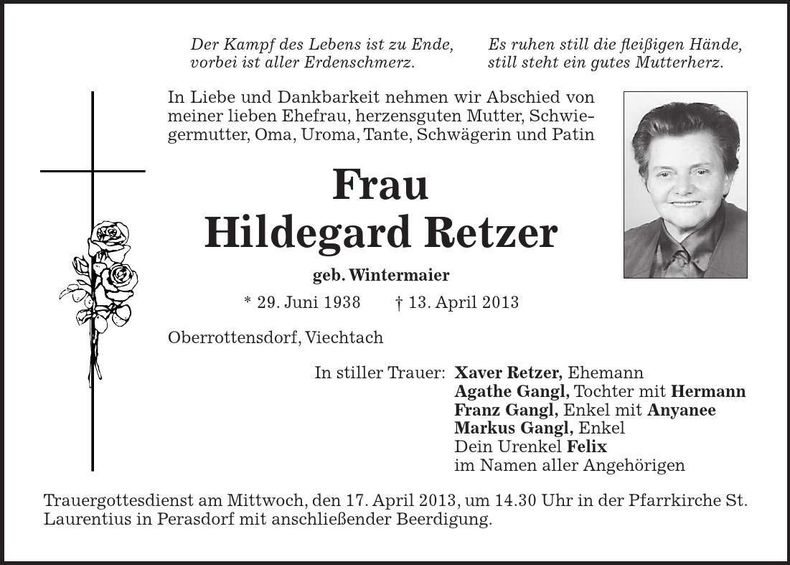 Traueranzeige Hildegard Retzer