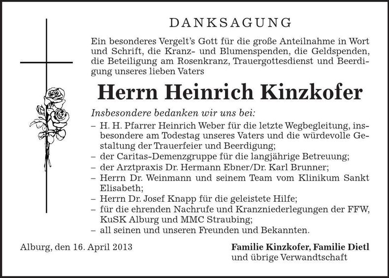 Traueranzeige Heinrich Kinzkofer