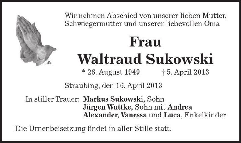 Traueranzeige Waltraud Sukowski