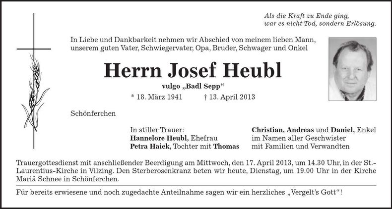 Traueranzeige Josef Heubl