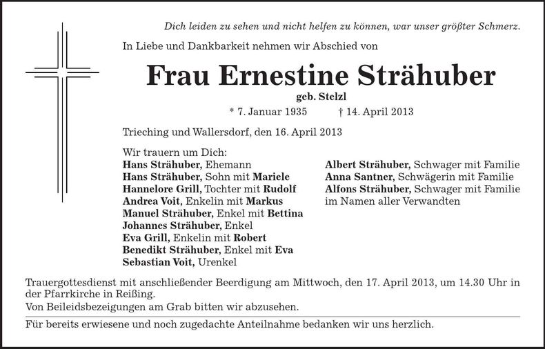 Traueranzeige Ernestine Strähuber