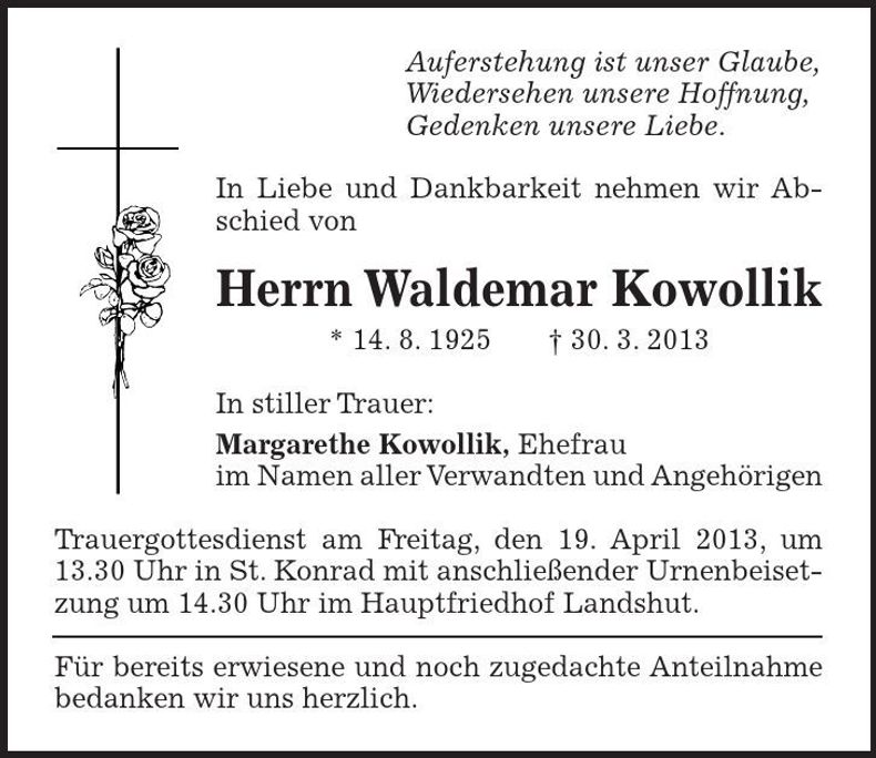 Traueranzeige Waldemar Kowollik