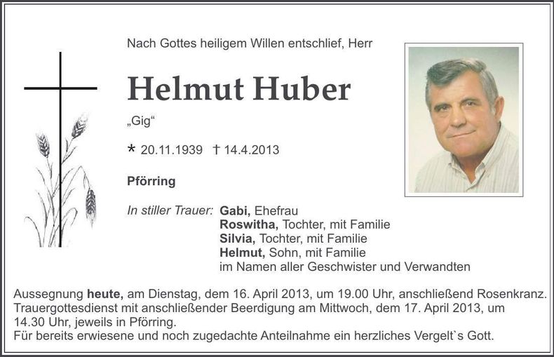 Traueranzeige Helmut Huber