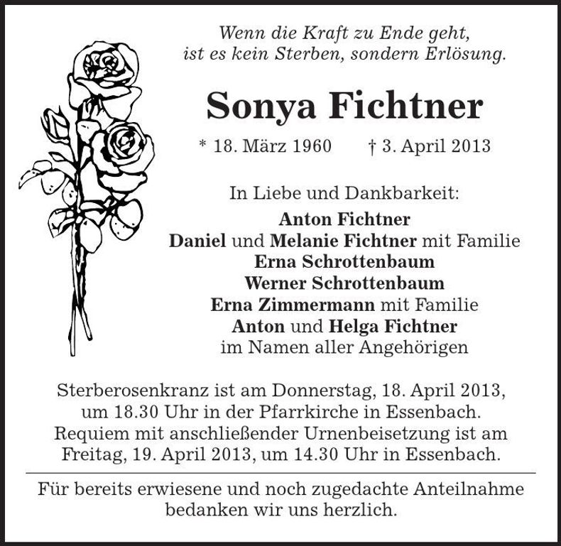 Traueranzeige Sonya Fichtner