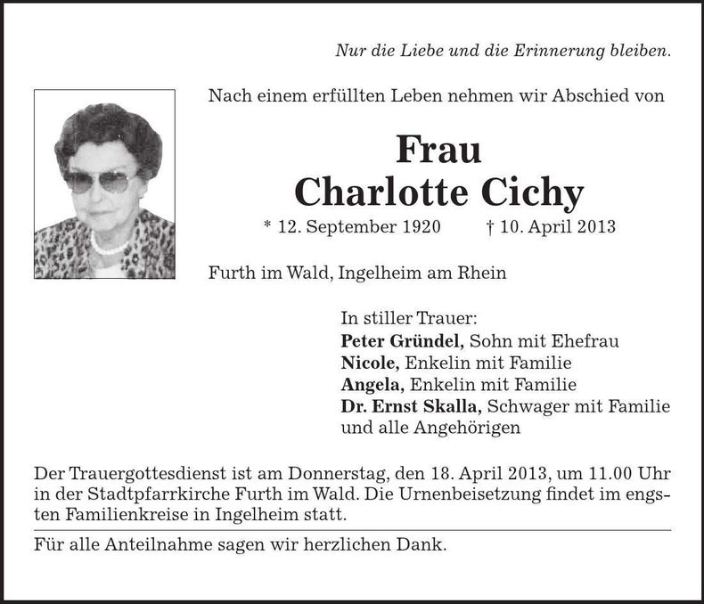 Traueranzeige Charlotte Cichy