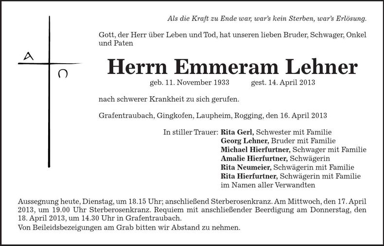 Traueranzeige Emmeram Lehner