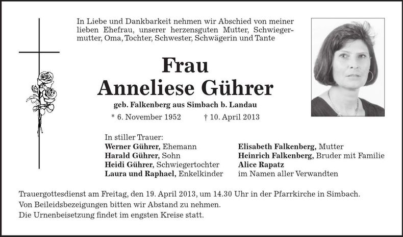 Traueranzeige Anneliese Gührer