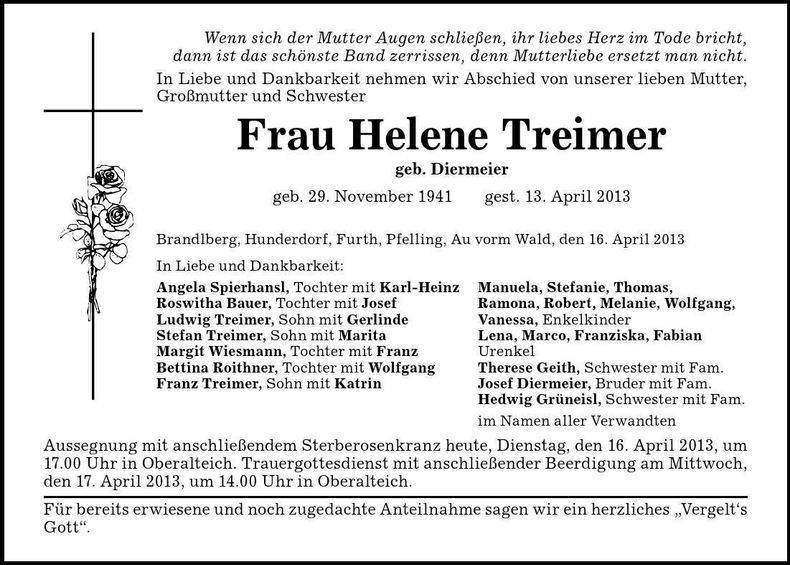 Traueranzeige Helene Treimer