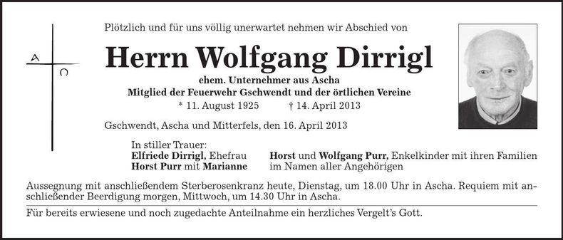 Traueranzeige Wolfgang Dirrigl