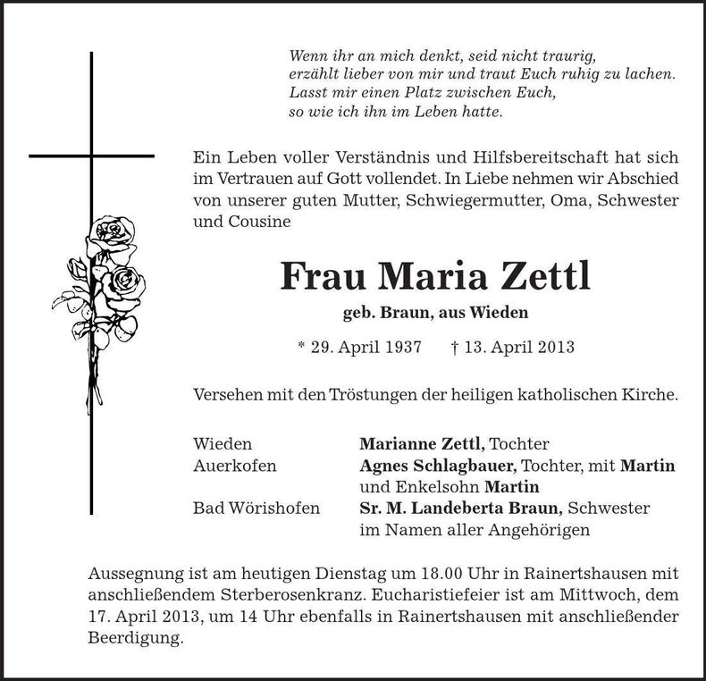 Traueranzeige Maria Zettl