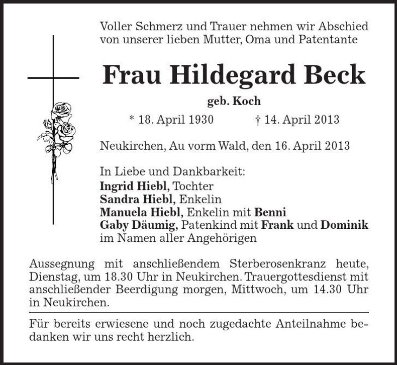 Traueranzeige Hildegard Beck