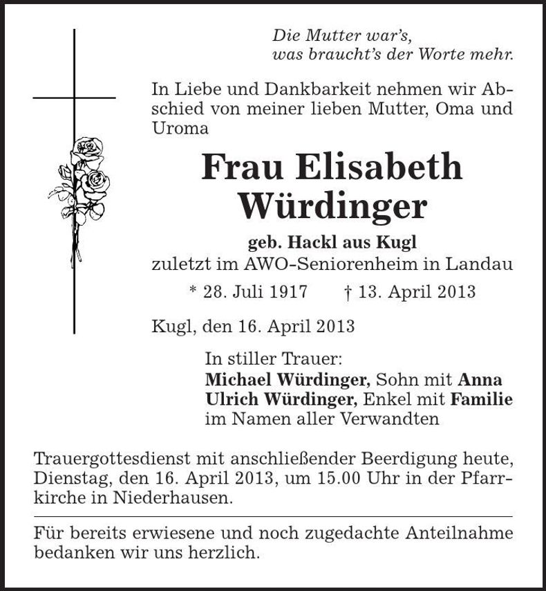 Traueranzeige Elisabeth Würdinger