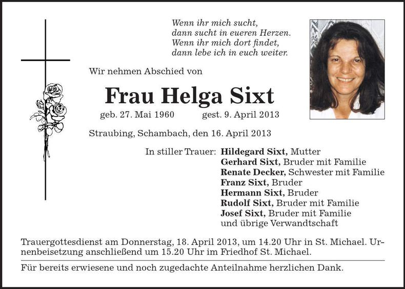 Traueranzeige Helga Sixt
