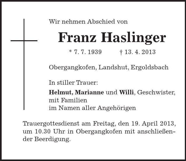 Traueranzeige Franz Keller