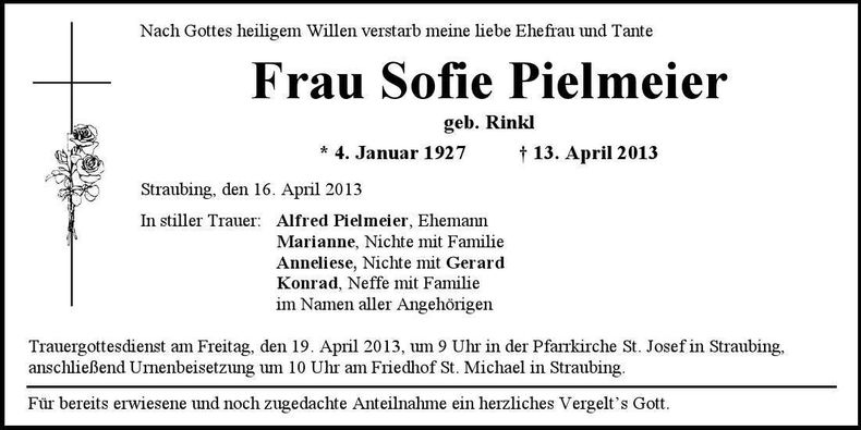 Traueranzeige Sofie Pielmeier