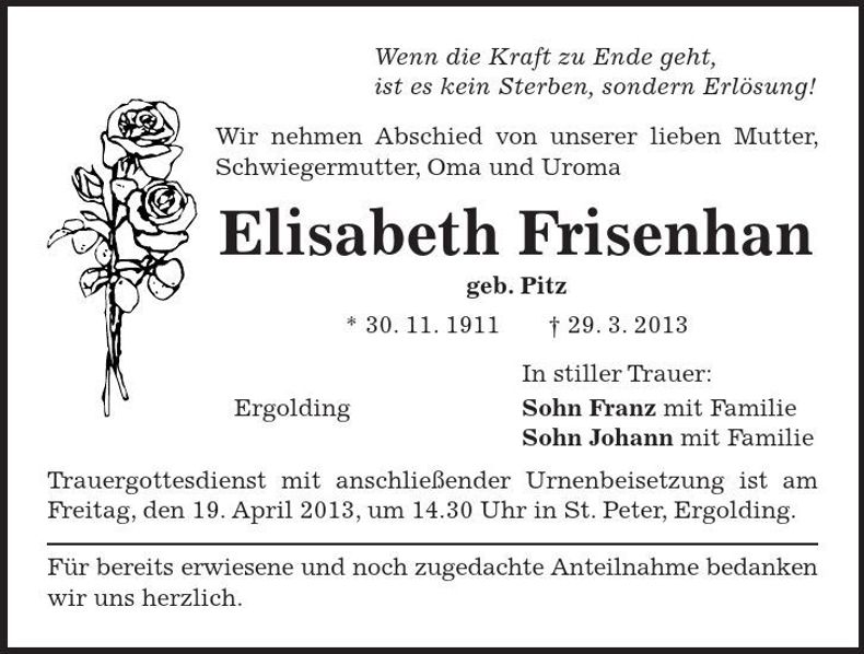 Traueranzeige Elisabeth Frisenhan