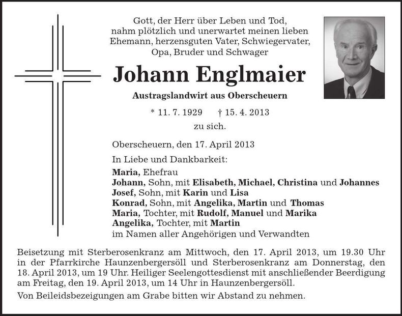 Traueranzeige Johann Englmaier