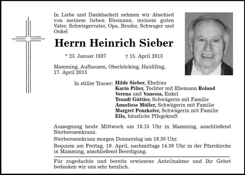 Traueranzeige Heinrich Sieber