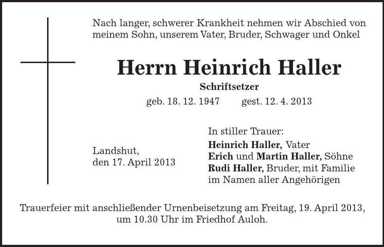 Traueranzeige Heinrich Haller