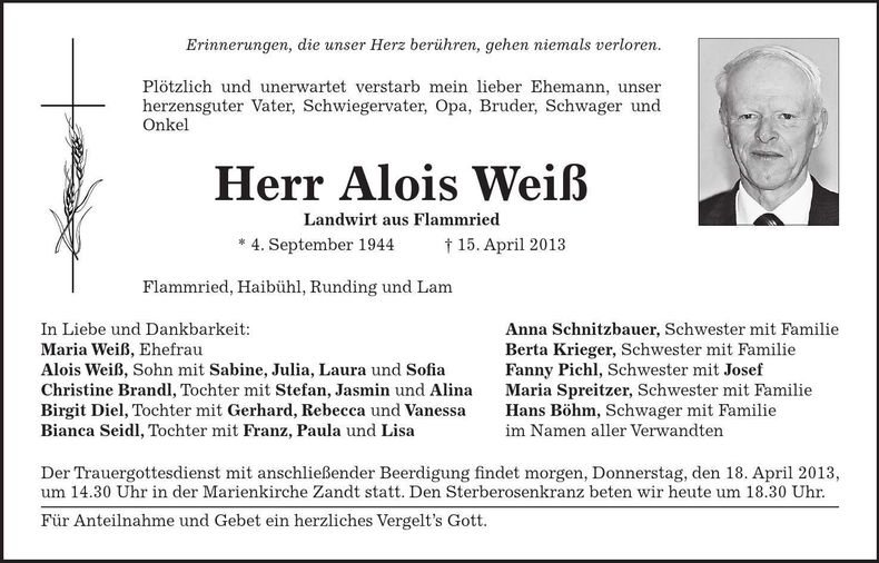 Traueranzeige Alois Weiß