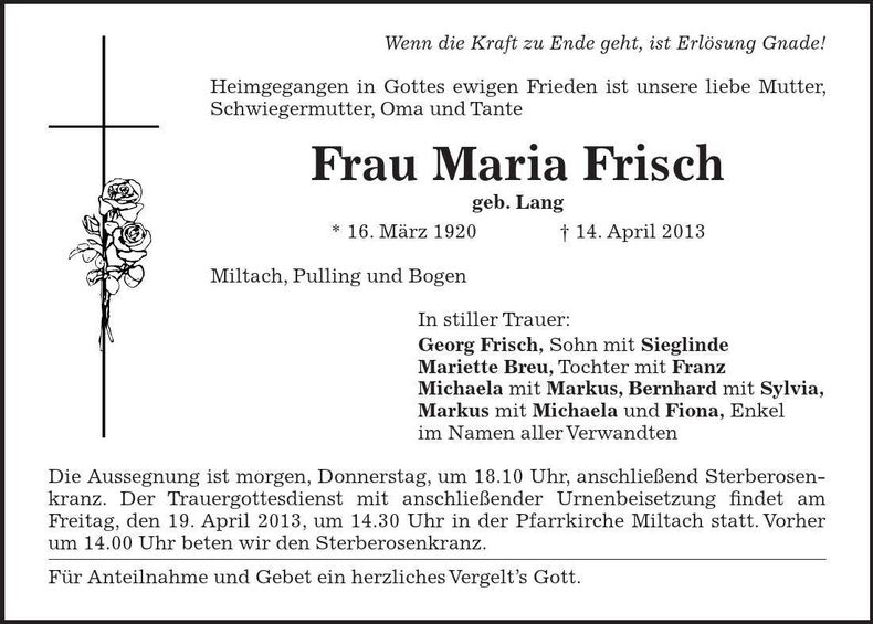 Traueranzeige Maria Frisch
