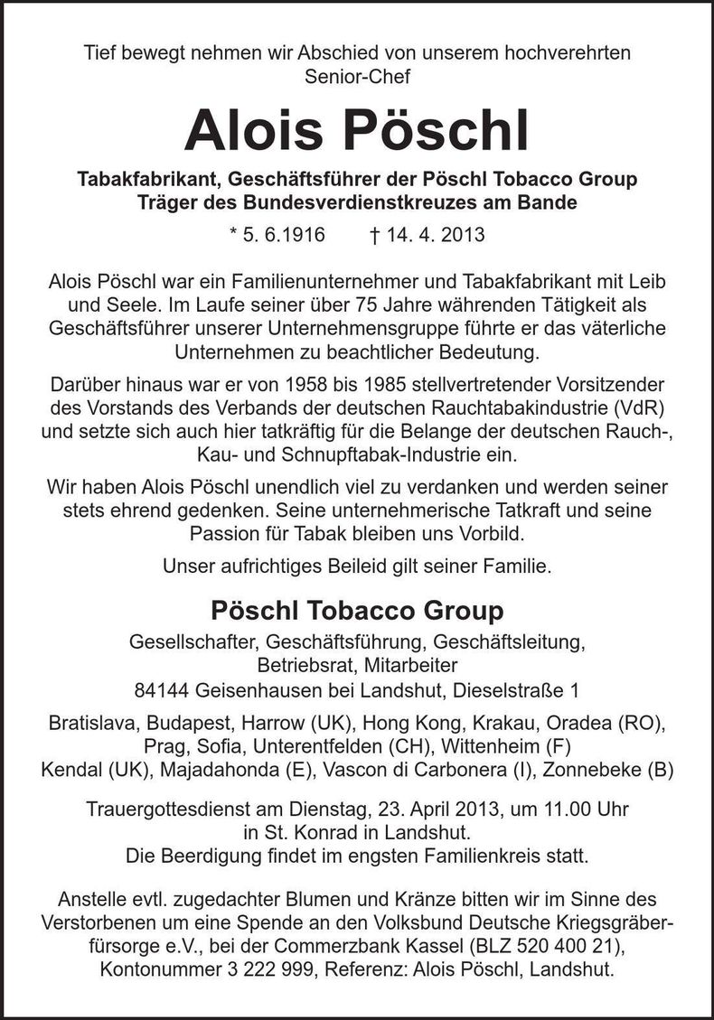 Traueranzeige Alois Pöschl
