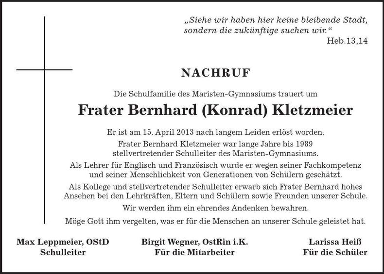 Traueranzeige Frater Bernhard ( Konrad) Kletzmeier