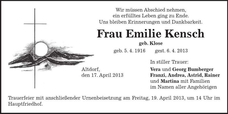Traueranzeige Emilie Kensch