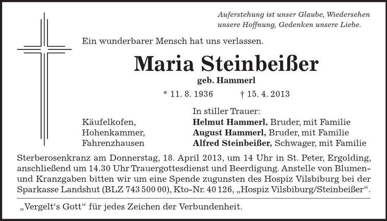 Traueranzeige Maria Steinbeißer