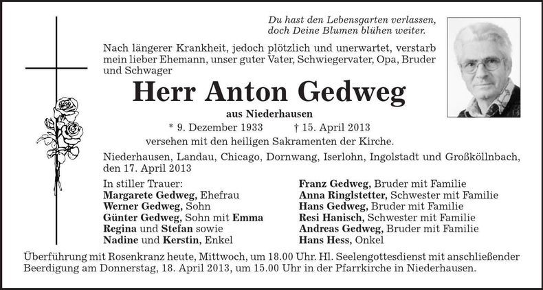 Traueranzeige Anton Gedweg
