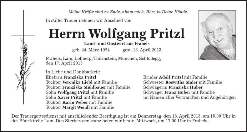 Traueranzeige Wolfgang Pritzl