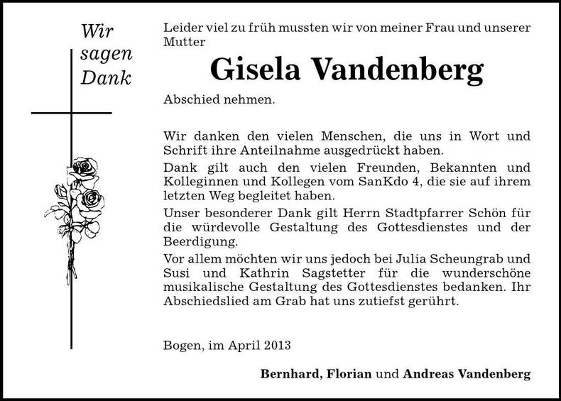 Traueranzeige Gisela Vandenberg