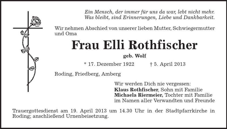 Traueranzeige Elli Rothfischer