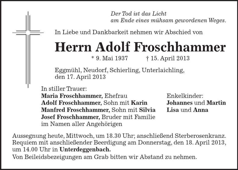 Traueranzeige Adolf Froschhammer