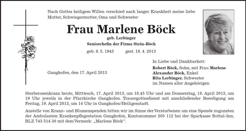 Traueranzeige Marlene Böck